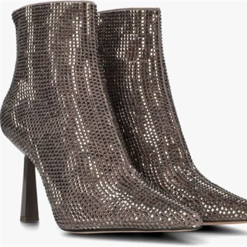 Lola Cruz Austro Embellished Leather Ankle Boots - Gunmetal - NWT